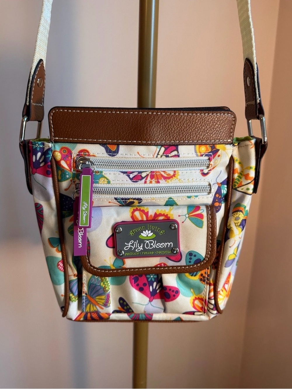 Lily Bloom Butterfly Print Crossbody with Brown Trim